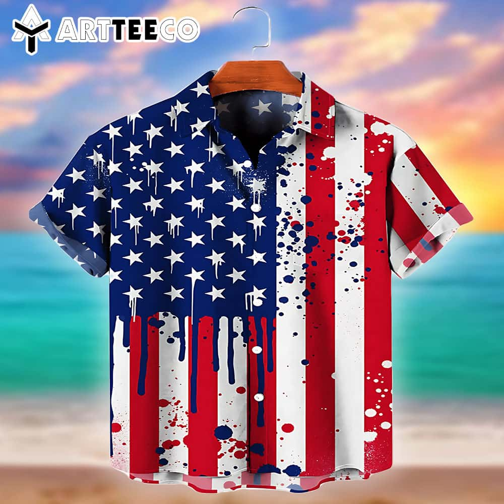 Mens American Flag Print 4th Of July Trendy Hawaiian Shirt For Men And Women