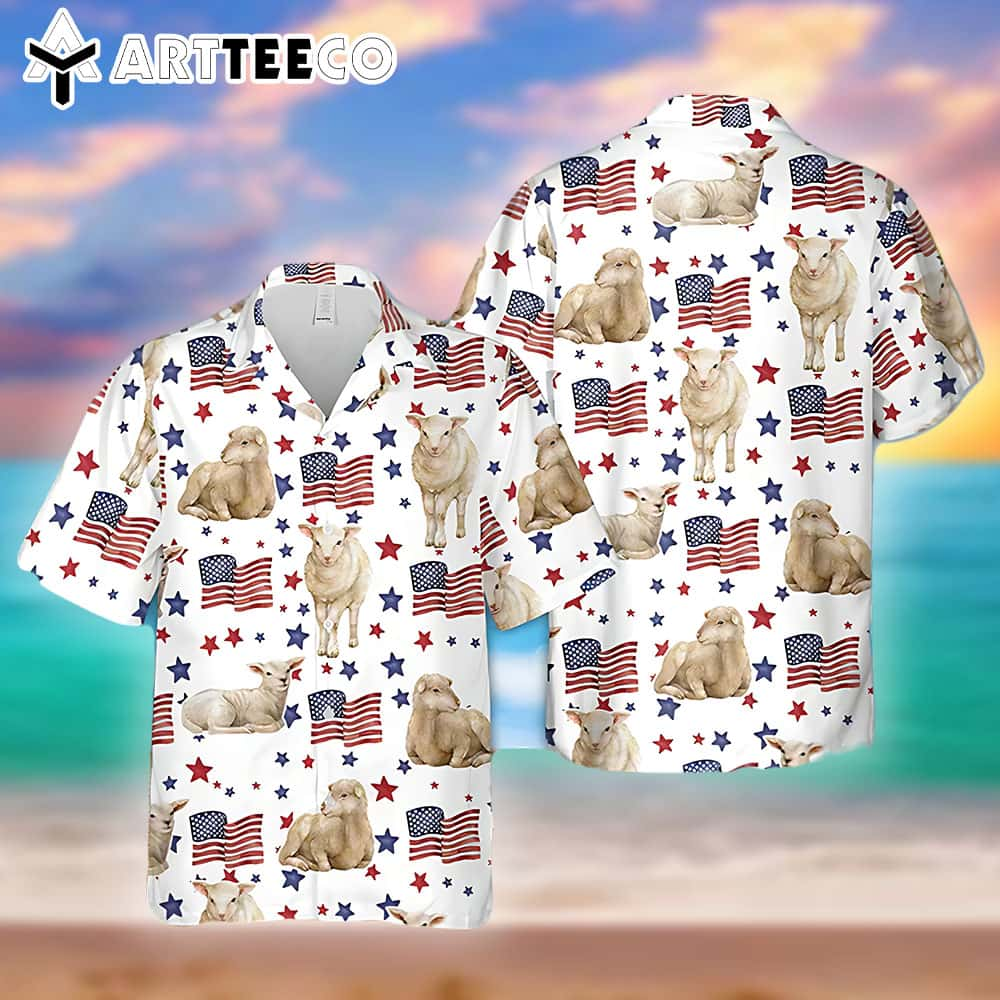 Sheep American Flag Pattern Trendy Hawaiian Shirt Funny Sheep Trendy Hawaiian Shirt 4th Of July Trendy Hawaiian Shirt