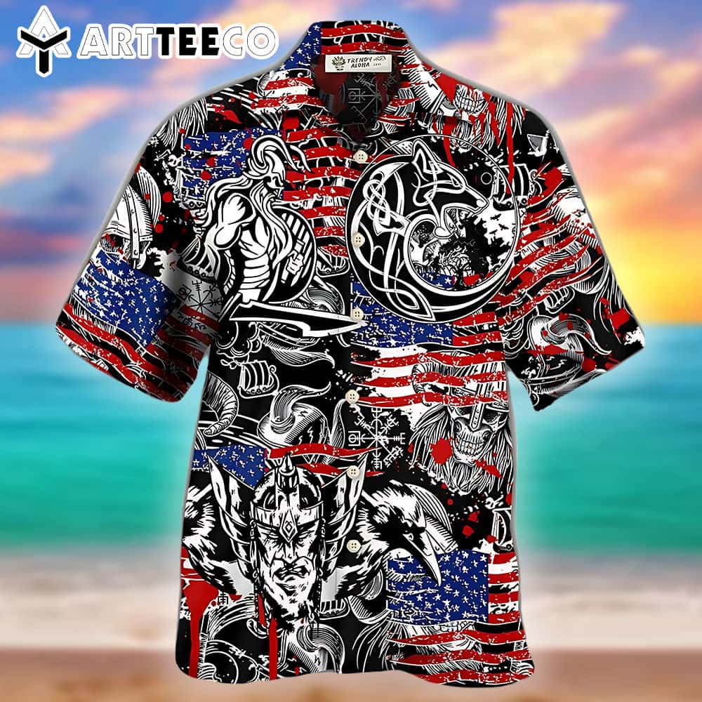 Viking US Flag Independence Day Odin Warrior And Wolf Hawaiian Shirt