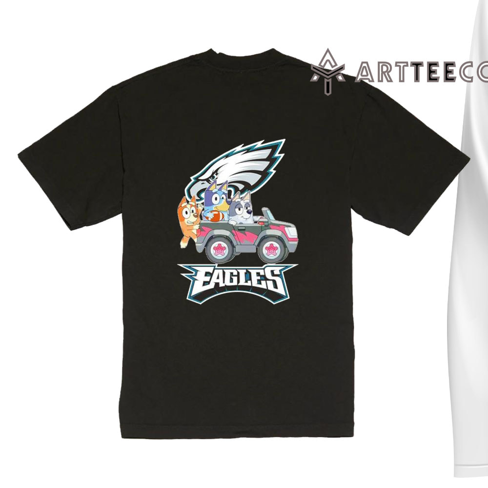 NFL The Bluey Characters Driving Car Philadenphia Eagles Shirt Gift For Football Fans 1