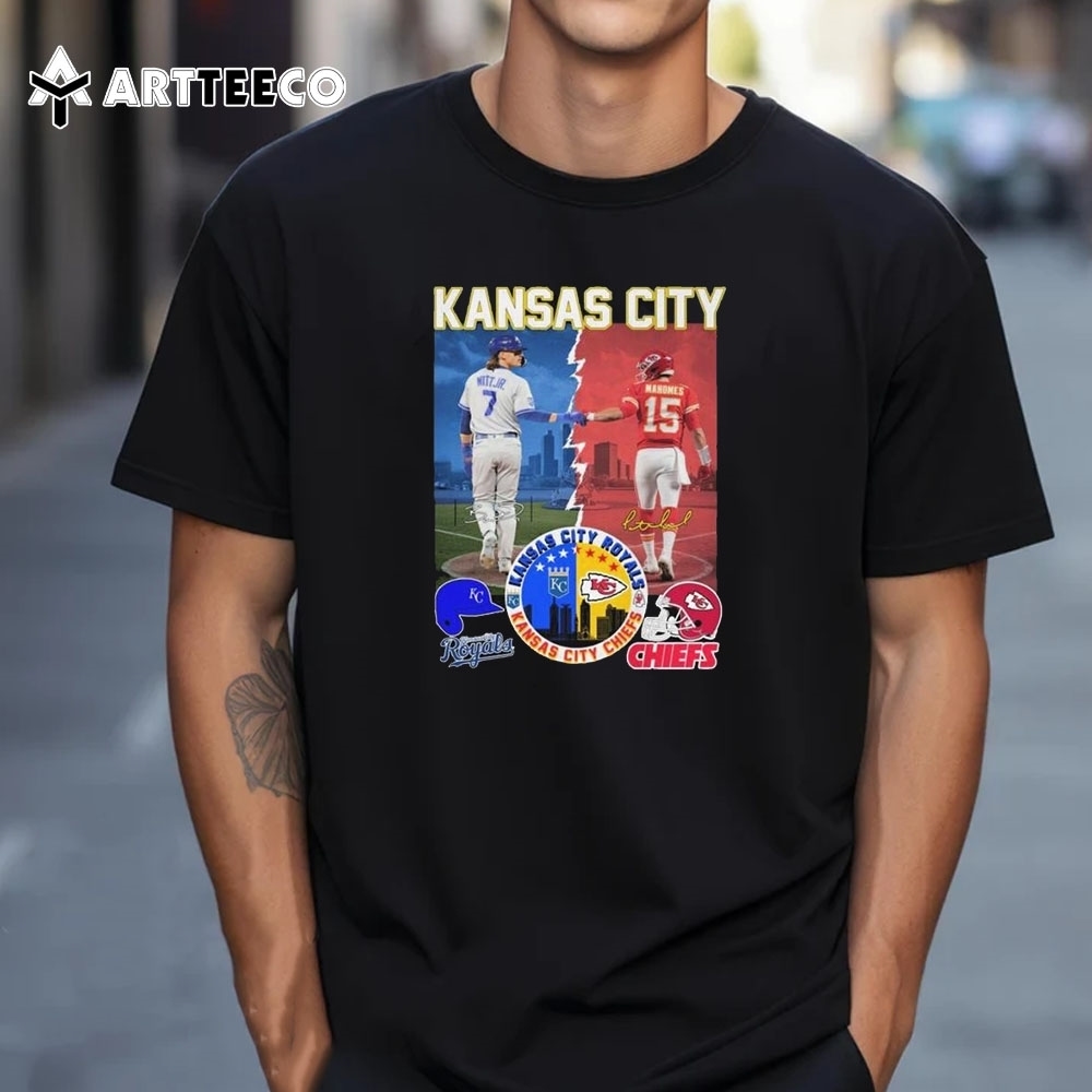 Kansas City Chiefs x Kansas City Royals Mahomes And Witt Jr Skyline Signatures T Shirt