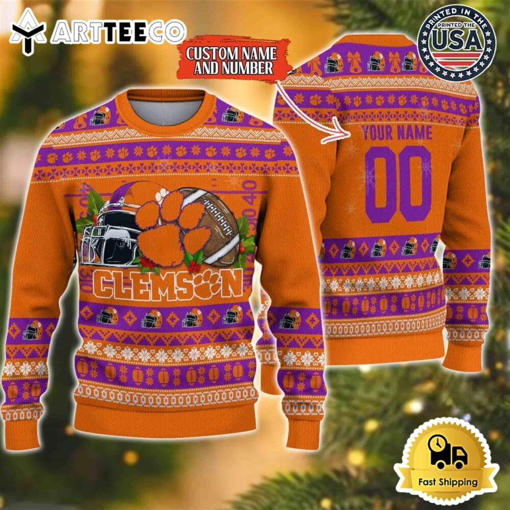 Clemson Tigers Logo Team Football Custom Name And Number Christmas Ugly Sweater