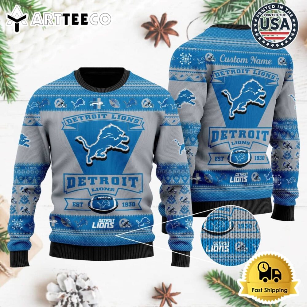 Detroit Lions Football Team Logo Custom Name Personalized Ugly Christmas Sweater