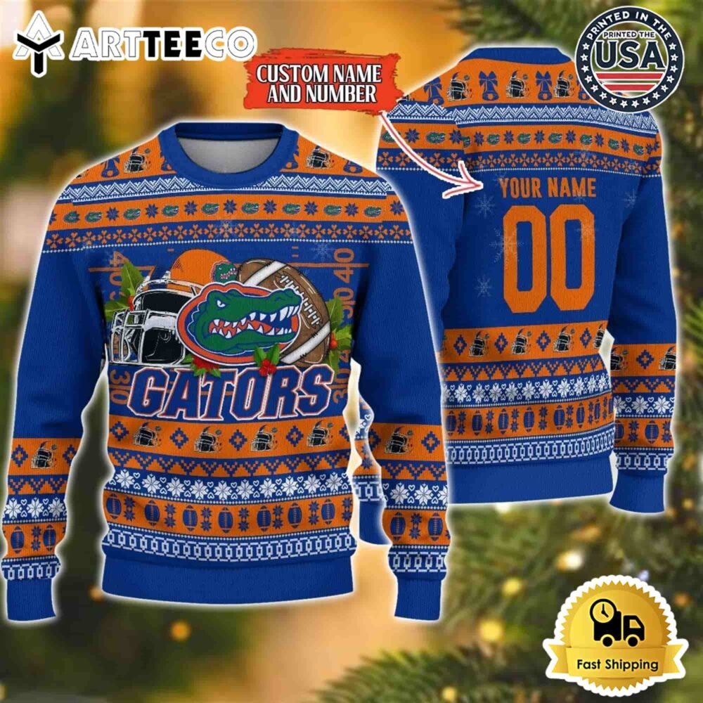 Florida Gators Logo Team Football Custom Name And Number Christmas Ugly Sweater