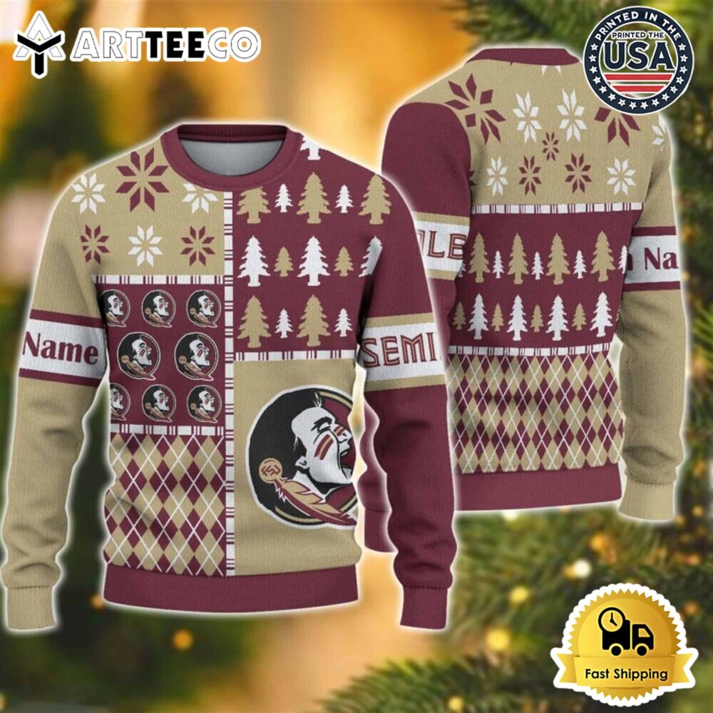 Florida State Seminoles Football Team Xmas Tree Snow Custom Name Ugly Christmas Sweater NCAA Football Gifts