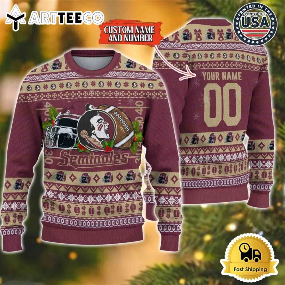 Florida State Seminoles Logo Team Football Custom Name And Number Christmas Ugly Sweater