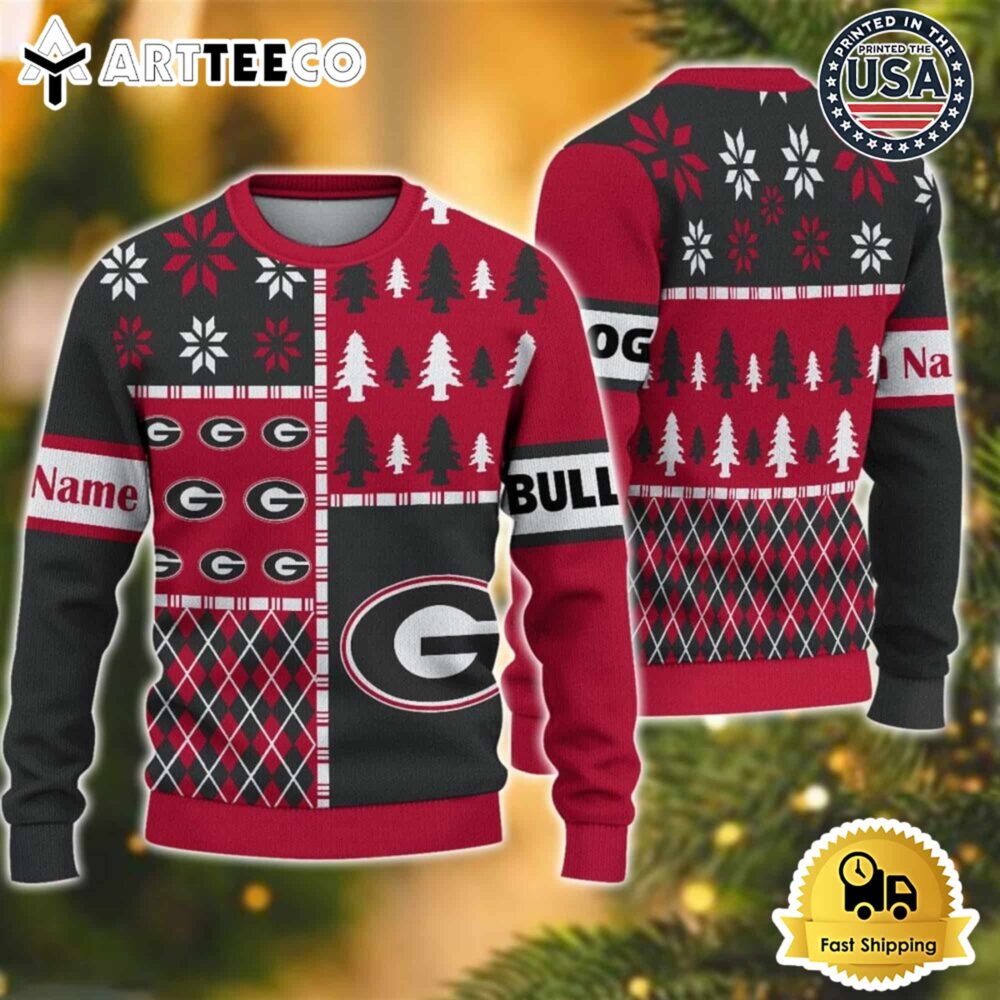 Georgia Bulldogs Football Team Xmas Tree Snow Custom Name Ugly Christmas Sweater NCAA Football Gifts