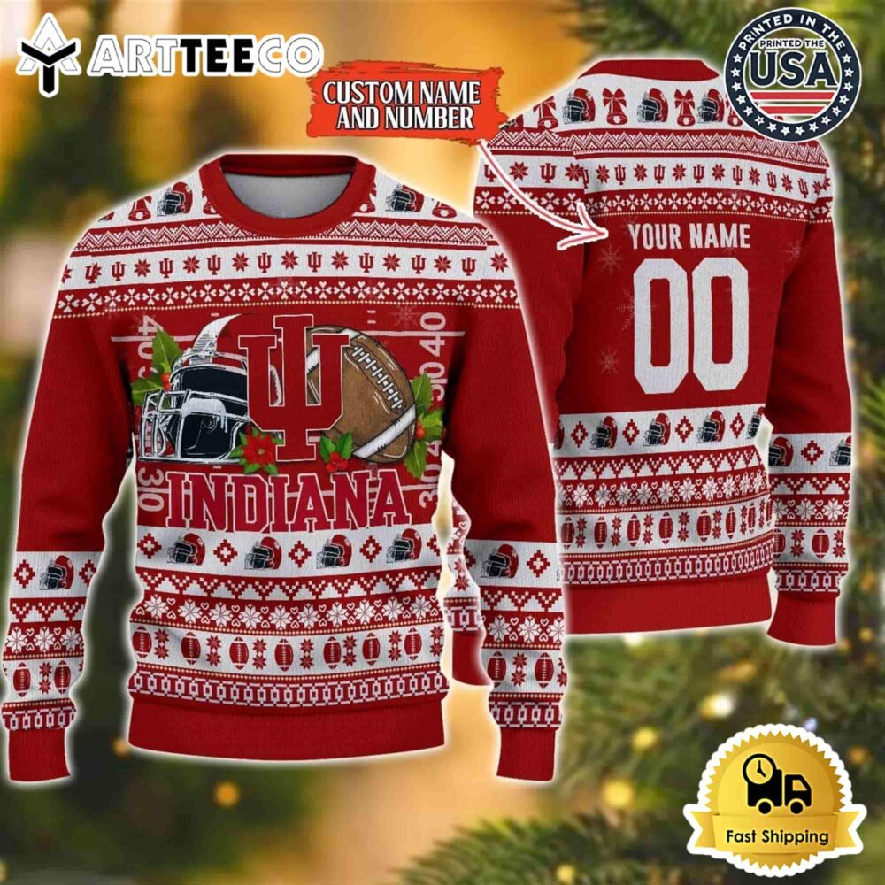 Indiana Hoosiers Logo Team Football Custom Name And Number Christmas Ugly Sweater