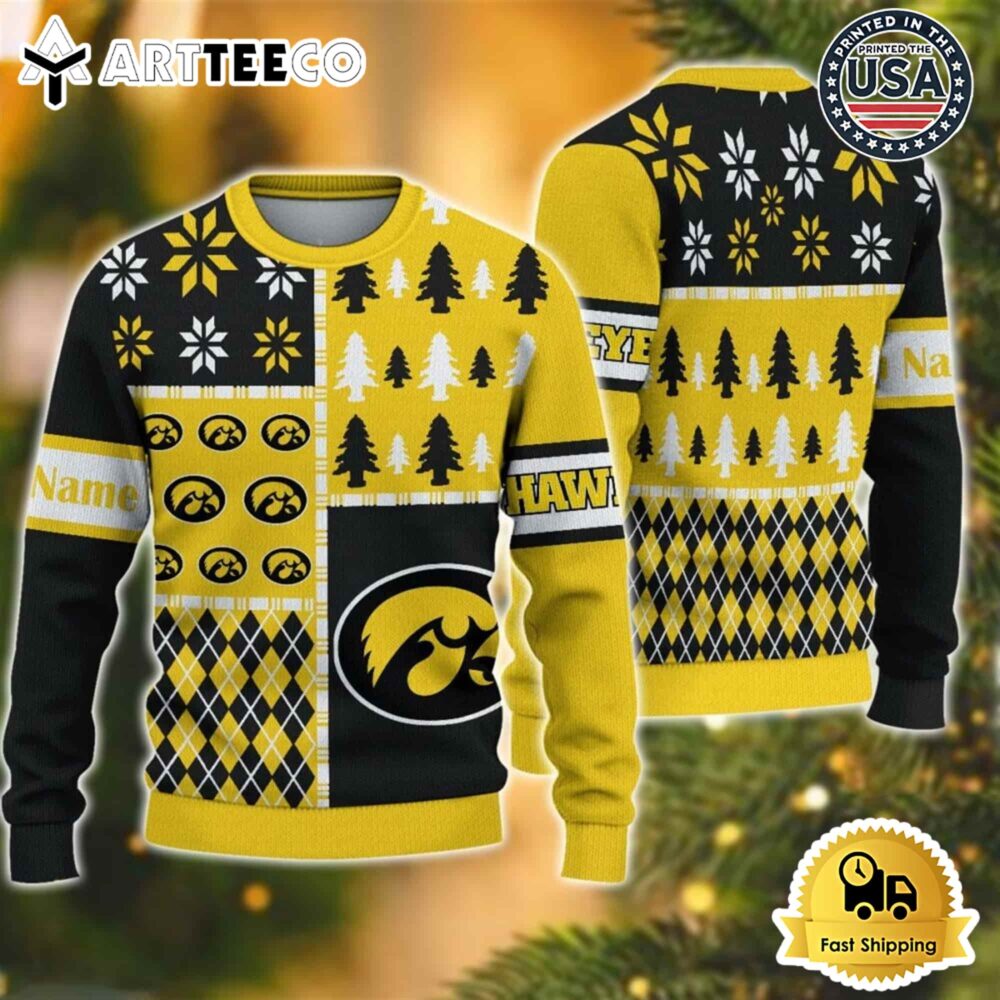 Iowa Hawkeyes Football Team Xmas Tree Snow Custom Name Ugly Christmas Sweater NCAA Football Gifts