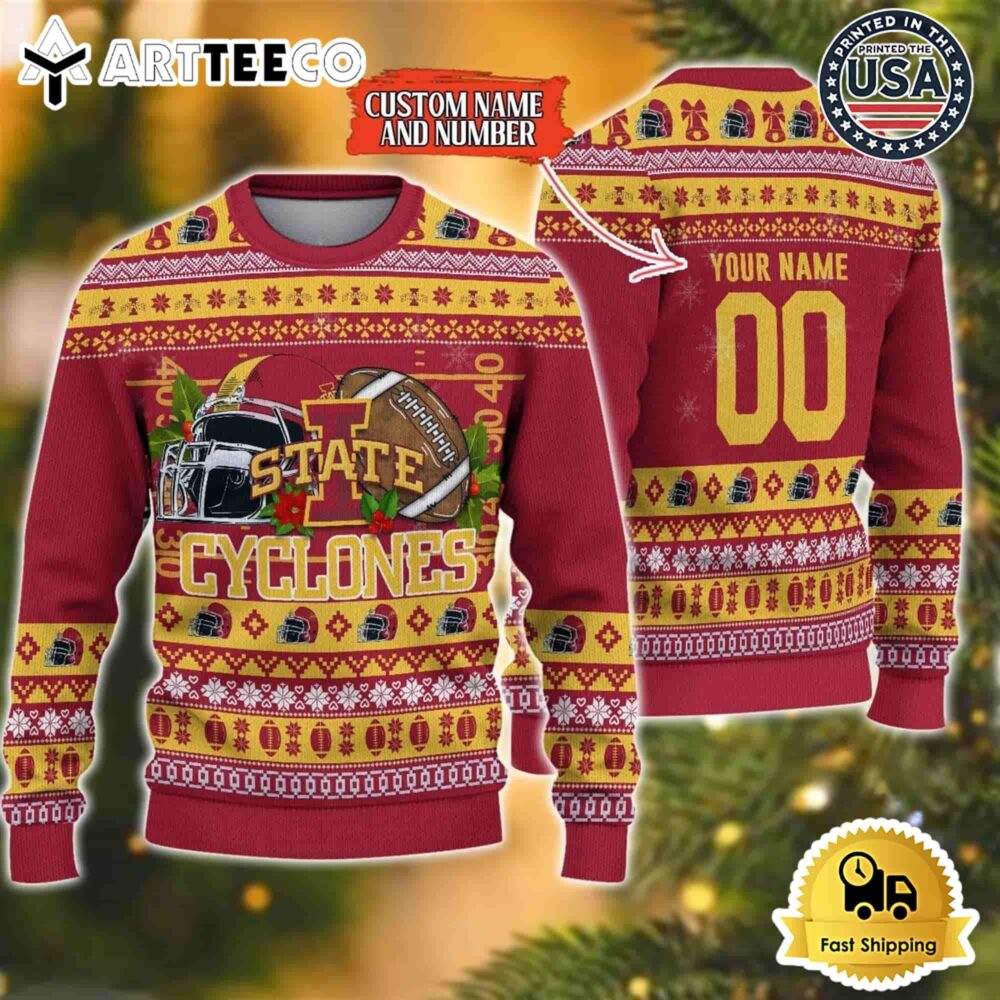 Iowa State Cyclones Logo Team Football Custom Name And Number Christmas Ugly Sweater