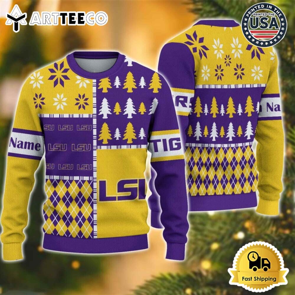 LSU Tigers Football Team Xmas Tree Snow Custom Name Ugly Christmas Sweater NCAA Football Gifts