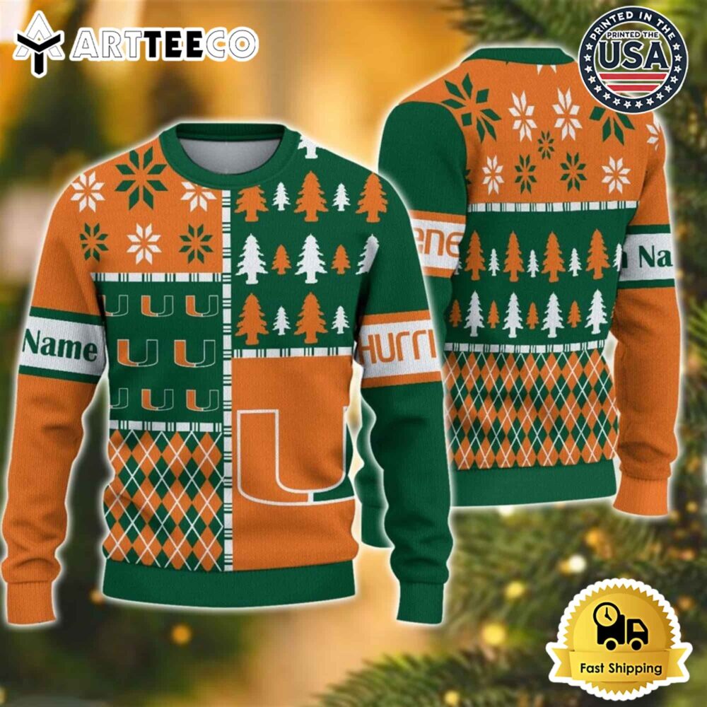 Miami Hurricanes Football Team Xmas Tree Snow Custom Name Ugly Christmas Sweater NCAA Football Gifts