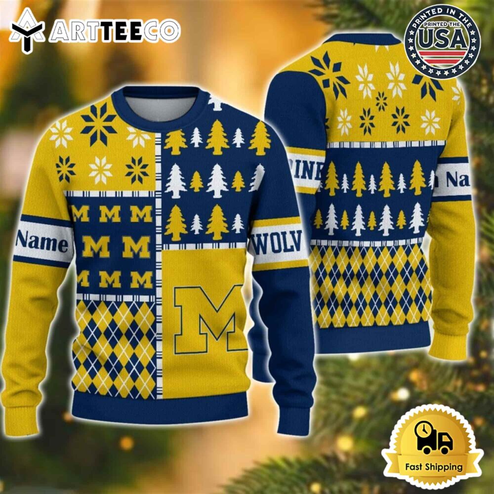 Michigan Wolverines Football Team Xmas Tree Snow Custom Name Ugly Christmas Sweater NCAA Football Gifts