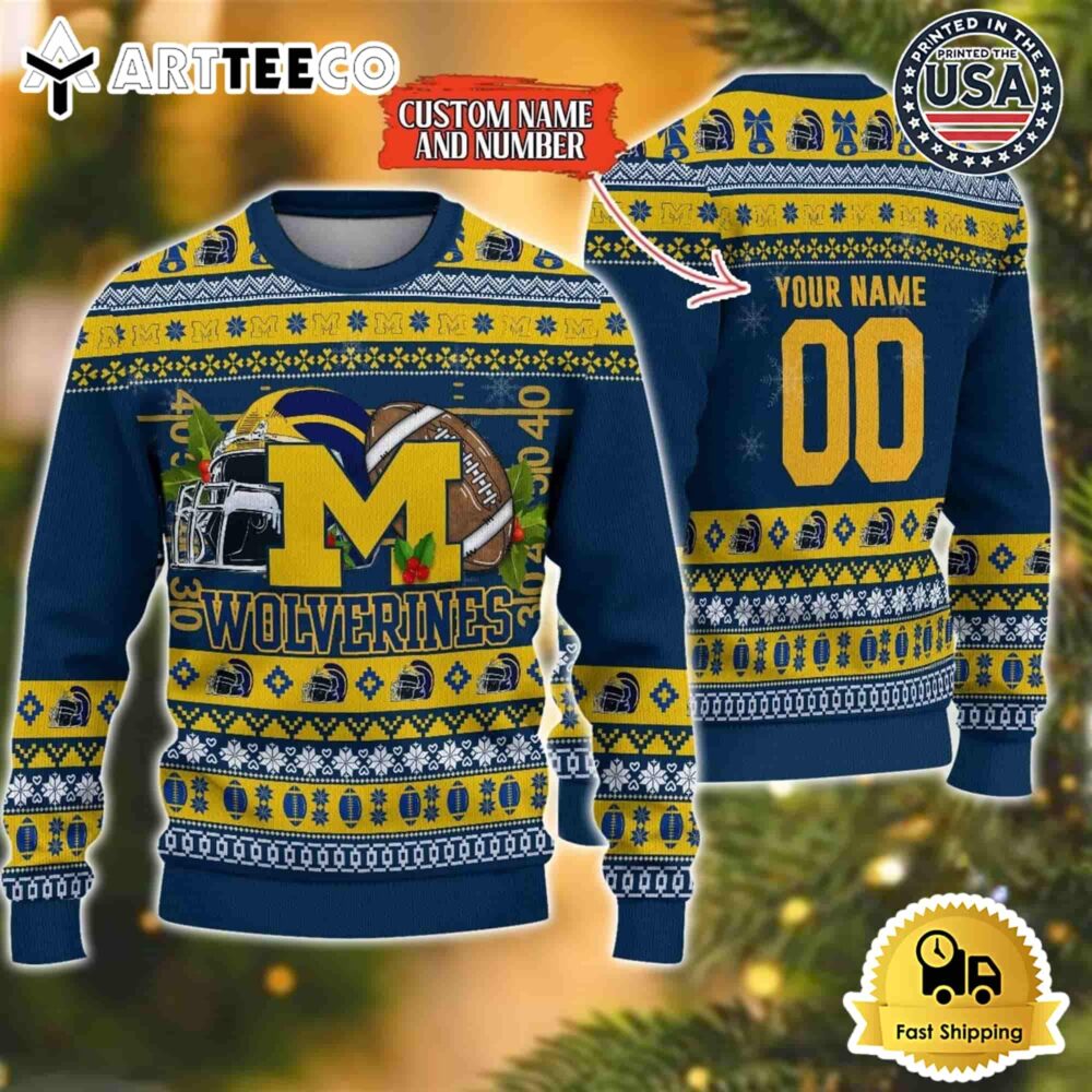 Michigan Wolverines Logo Team Football Custom Name And Number Christmas Ugly Sweater