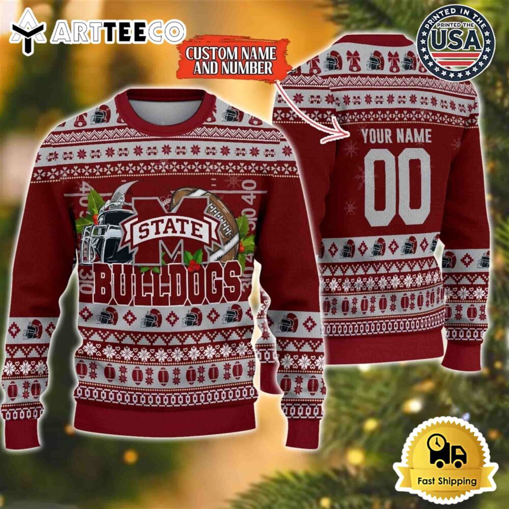 Mississippi State Bulldogs Logo Team Football Custom Name And Number Christmas Ugly Sweater