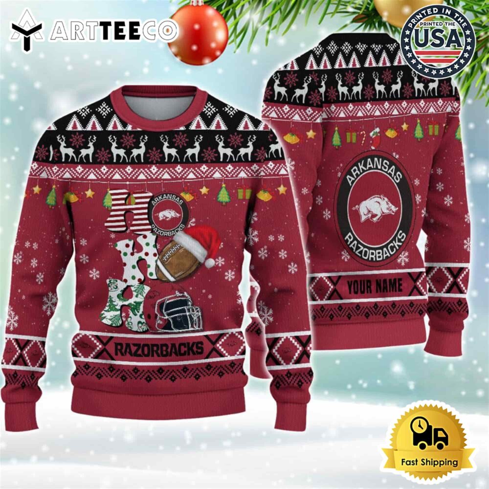 NCAA Arkansas Razorbacks Football HO HO HO Custom Name Ugly Christmas Sweater