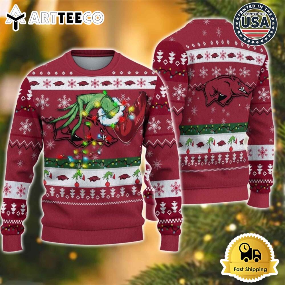 NCAA Arkansas Razorbacks Grinch Hand Ugly Christmas Sweater NCAA Football Gifts