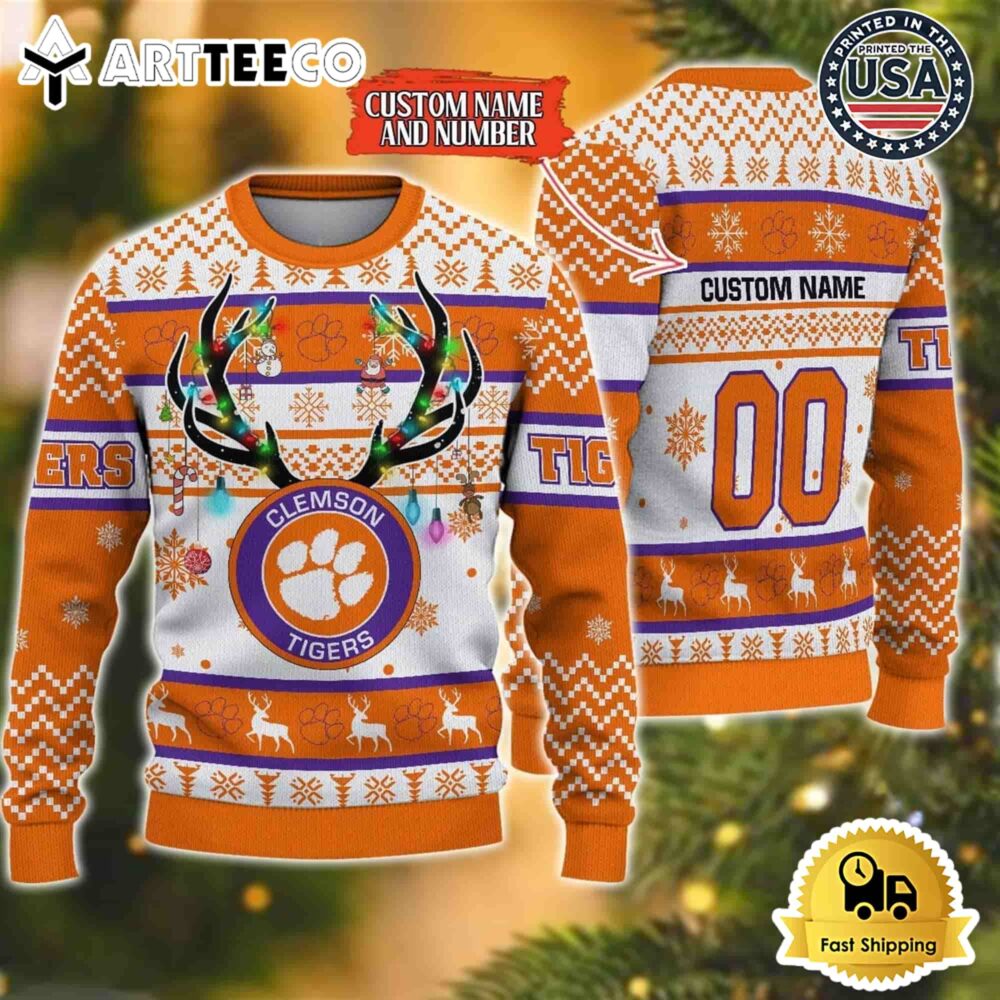 NCAA Clemson Tigers Special Reindeer Light Custom Name And Number Ugly Christmas Sweater