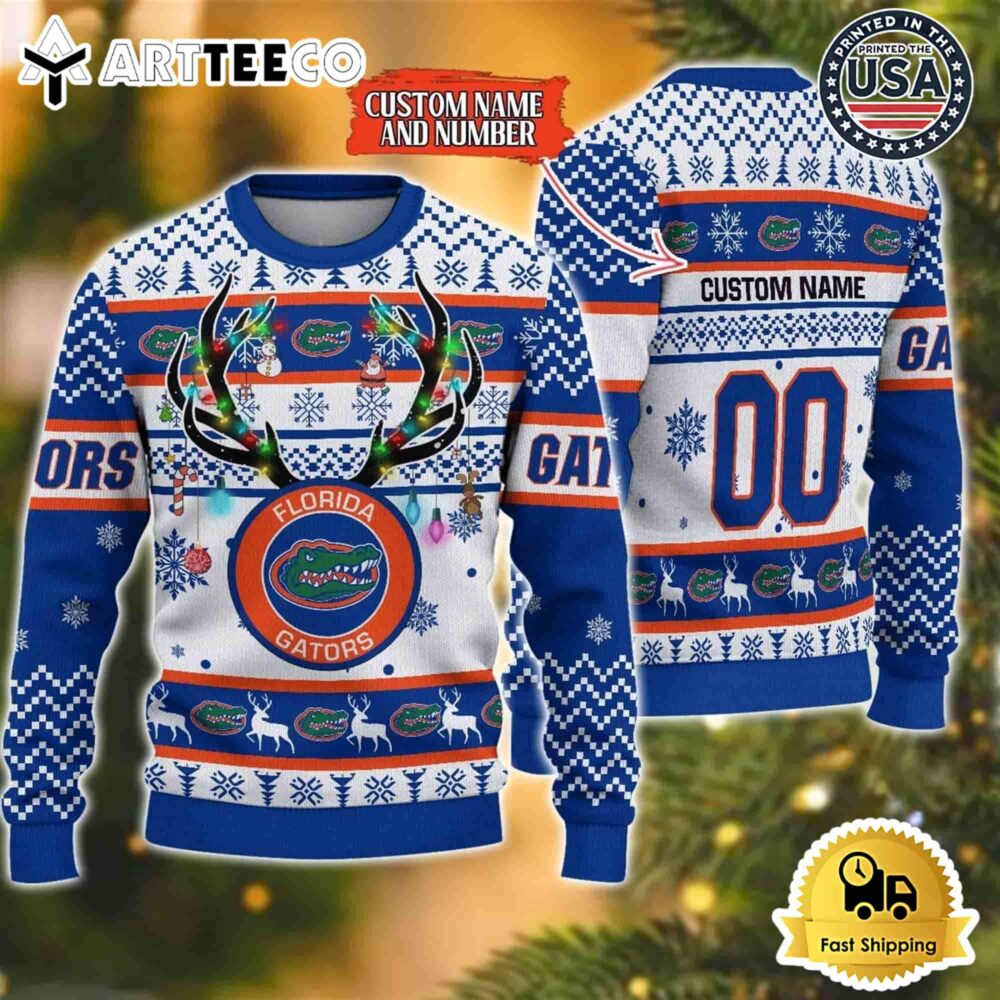 NCAA Florida Gators Special Reindeer Light Custom Name And Number Ugly Christmas Sweater