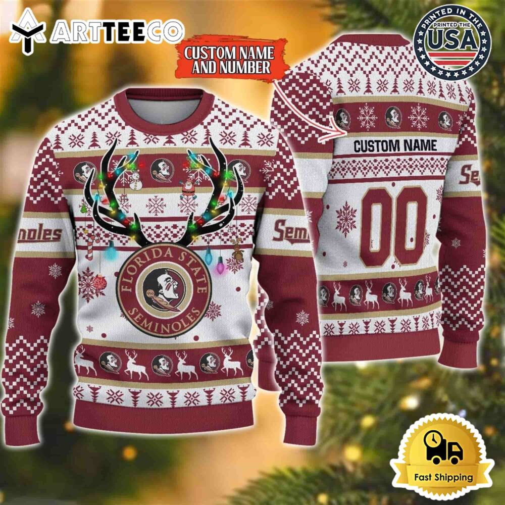 NCAA Florida State Seminoles Special Reindeer Light Custom Name And Number Ugly Christmas Sweater