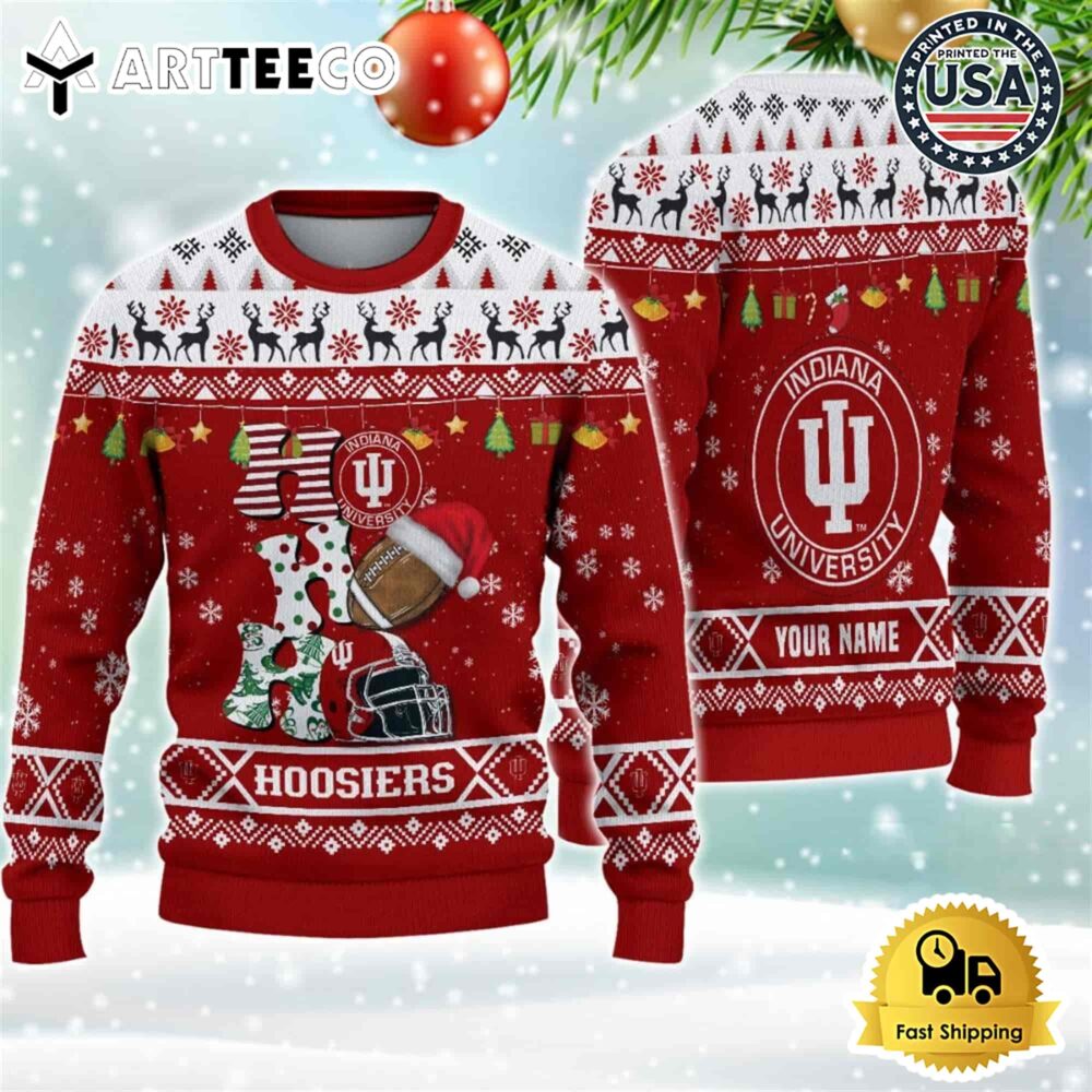 NCAA Indiana Hoosiers Football HO HO HO Custom Name Ugly Christmas Sweater