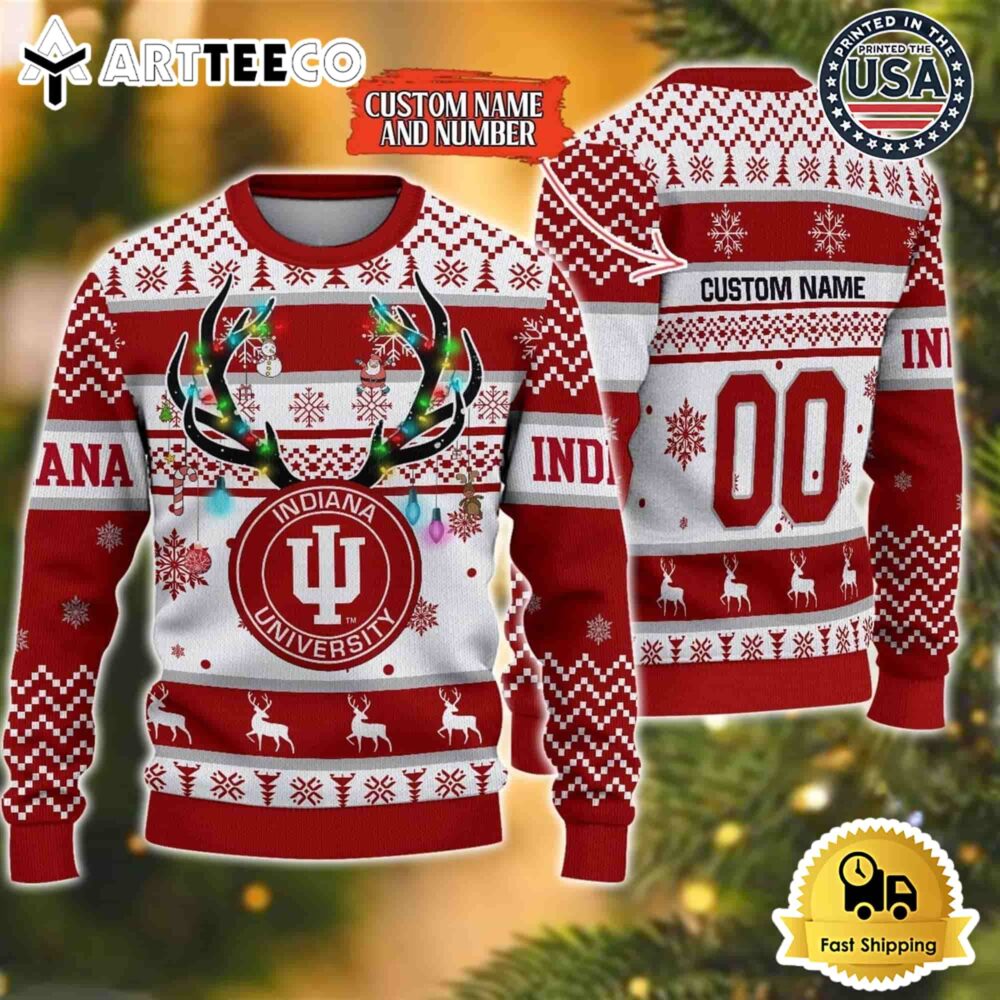 NCAA Indiana Hoosiers Special Reindeer Light Custom Name Ugly Christmas Sweater