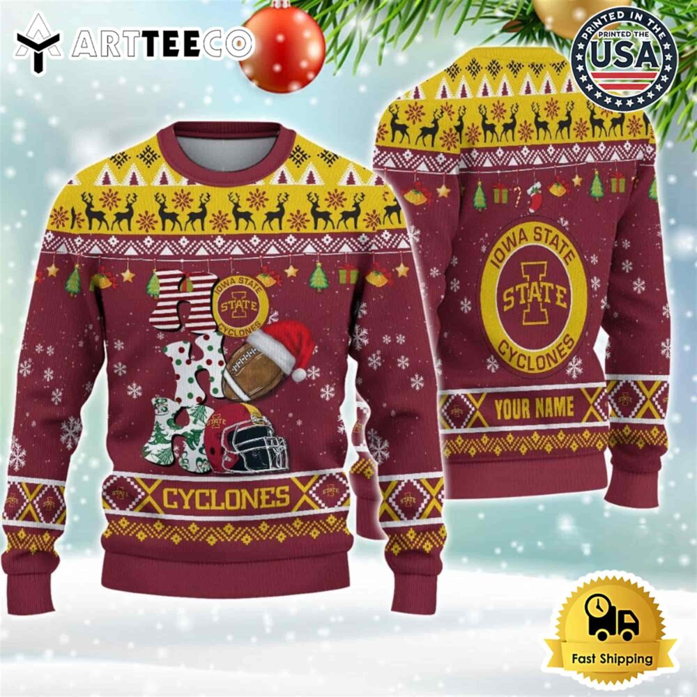 NCAA Iowa State Cyclones Football HO HO HO Custom Name Ugly Christmas Sweater