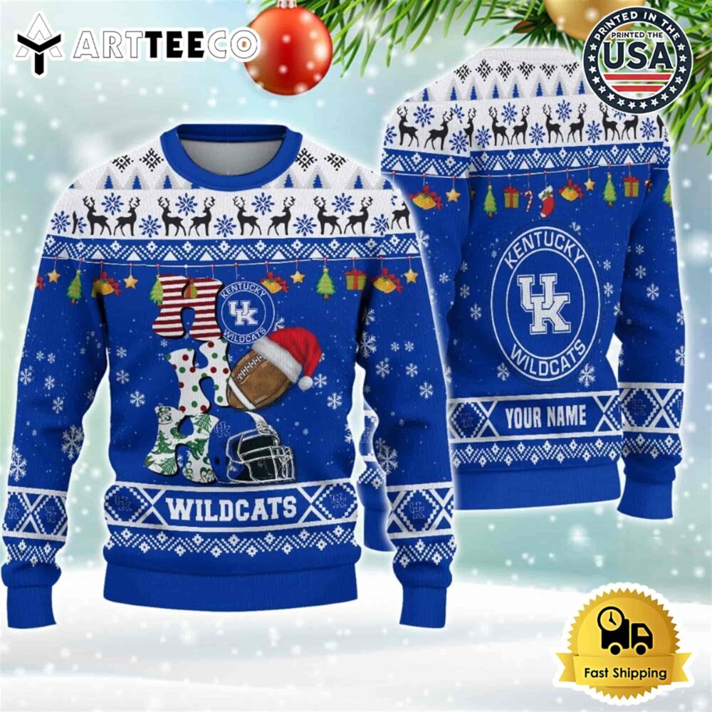 NCAA Kentucky Wildcats Football HO HO HO Custom Name Ugly Christmas Sweater