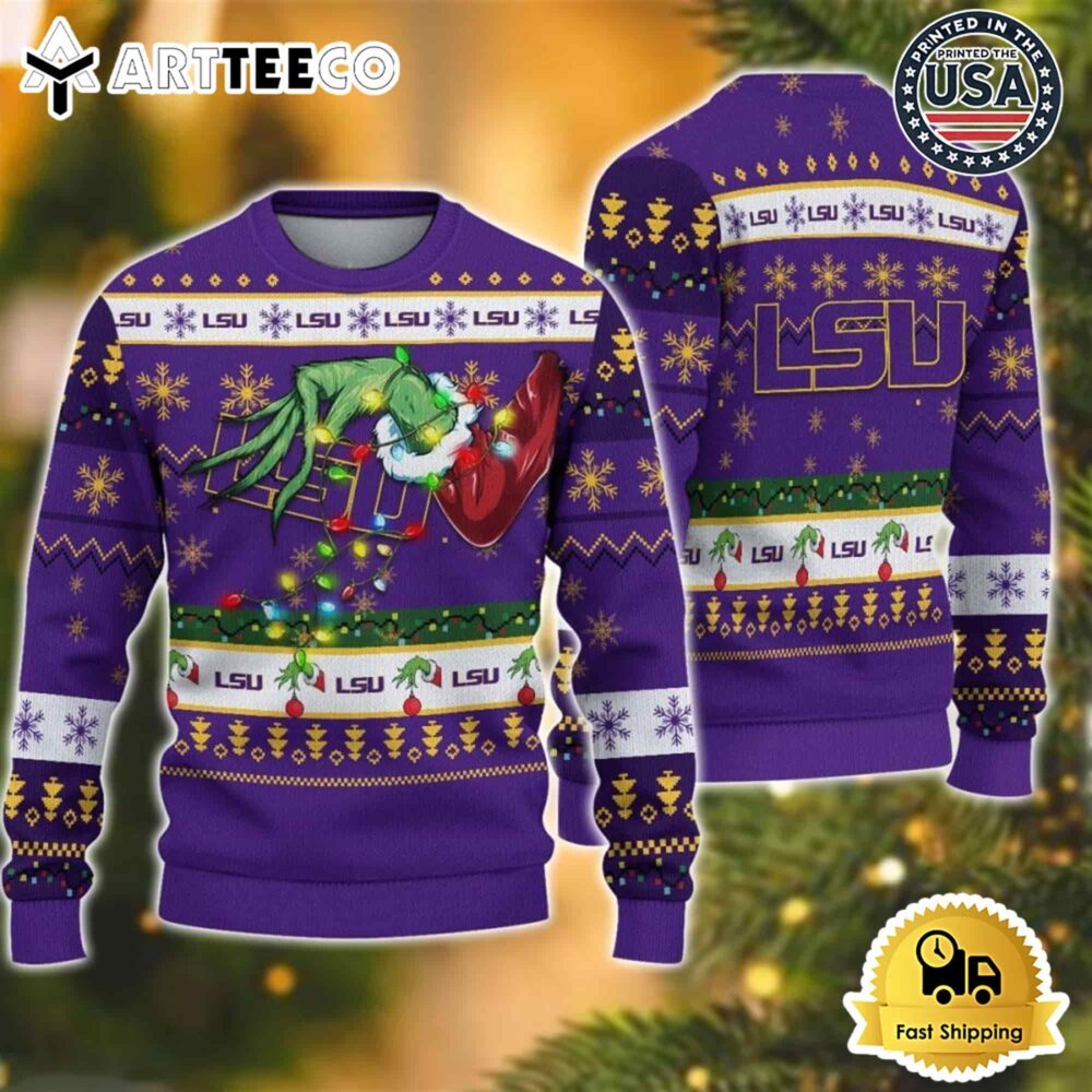 NCAA LSU Tigers Grinch Hand Ugly Christmas Sweater NCAA Football Gifts