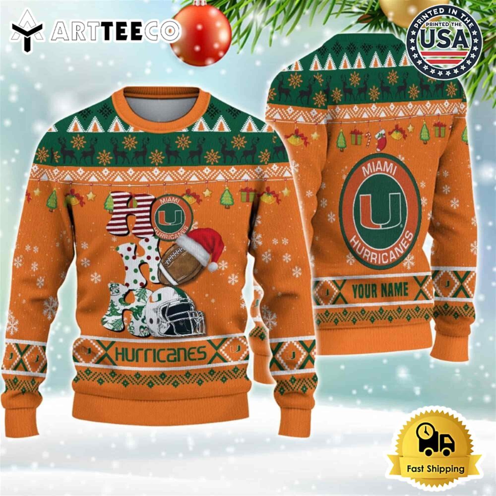 NCAA Miami Hurricanes Football HO HO HO Custom Name Ugly Christmas Sweater