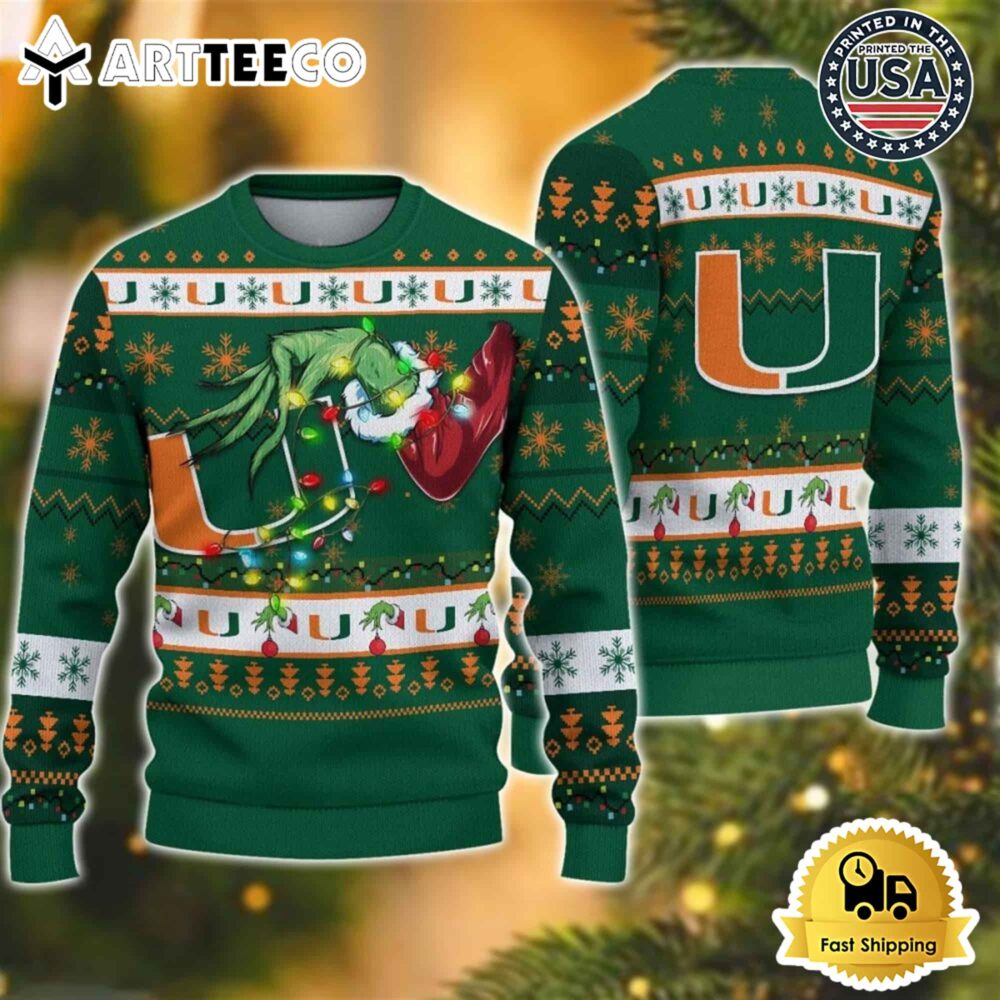 NCAA Miami Hurricanes Grinch Hand Ugly Christmas Sweater NCAA Football Gifts