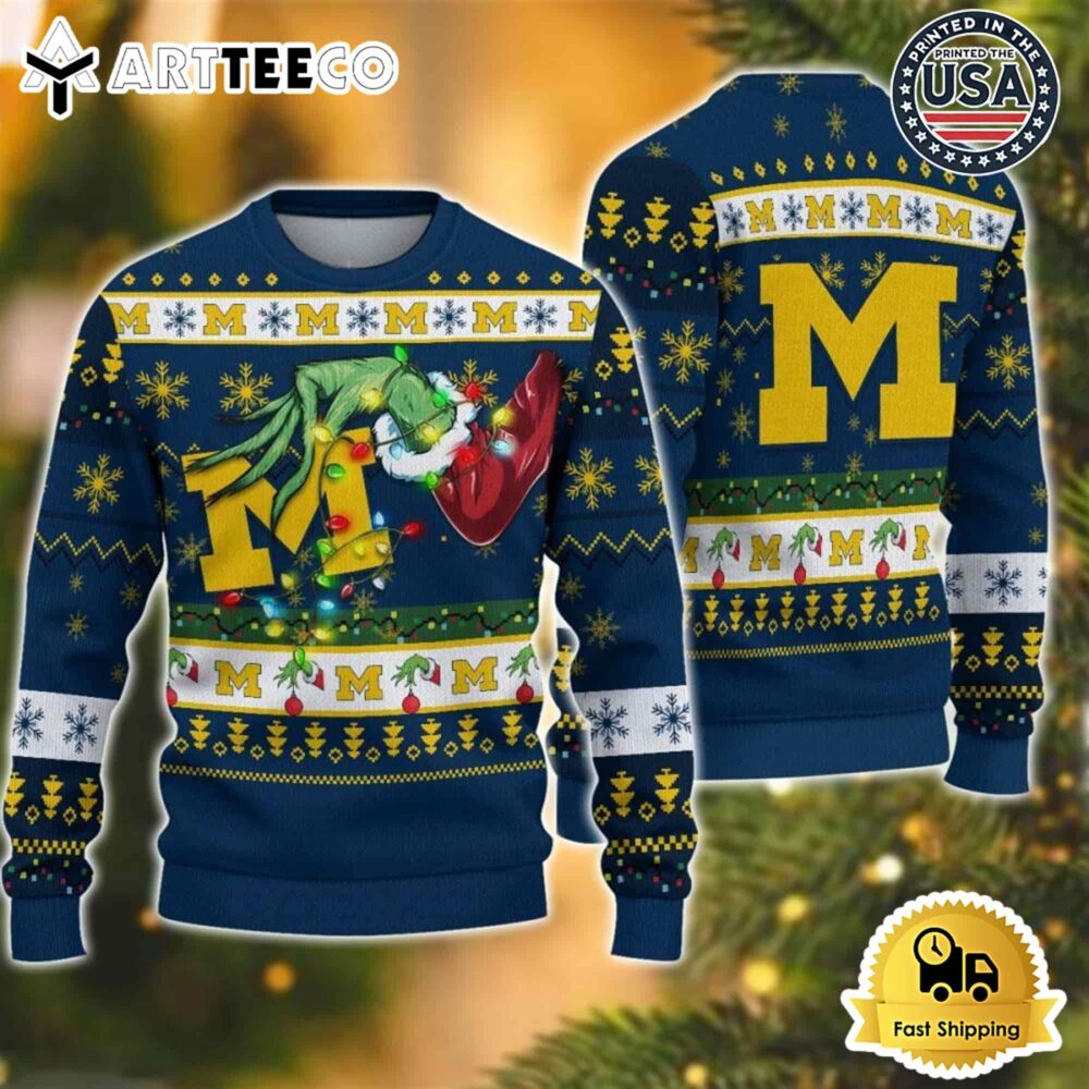 NCAA Michigan Wolverines Grinch Hand Ugly Christmas Sweater NCAA Football Gifts