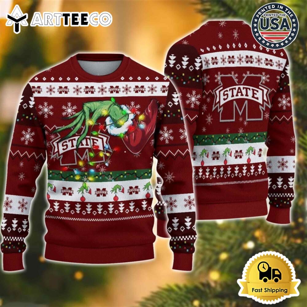 NCAA Mississippi State Bulldogs Grinch Hand Ugly Christmas Sweater NCAA Football Gifts