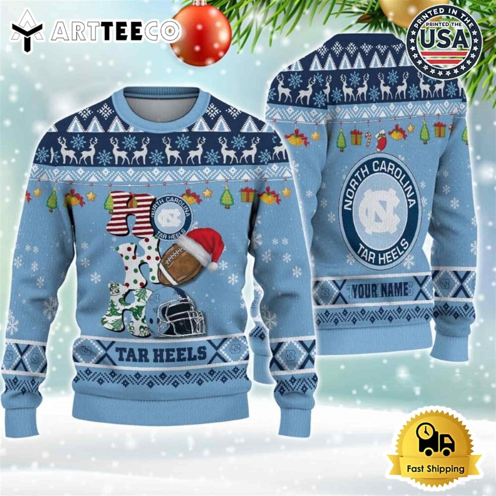 NCAA North Carolina Tar Heels Football HO HO HO Custom Name Ugly Christmas Sweater