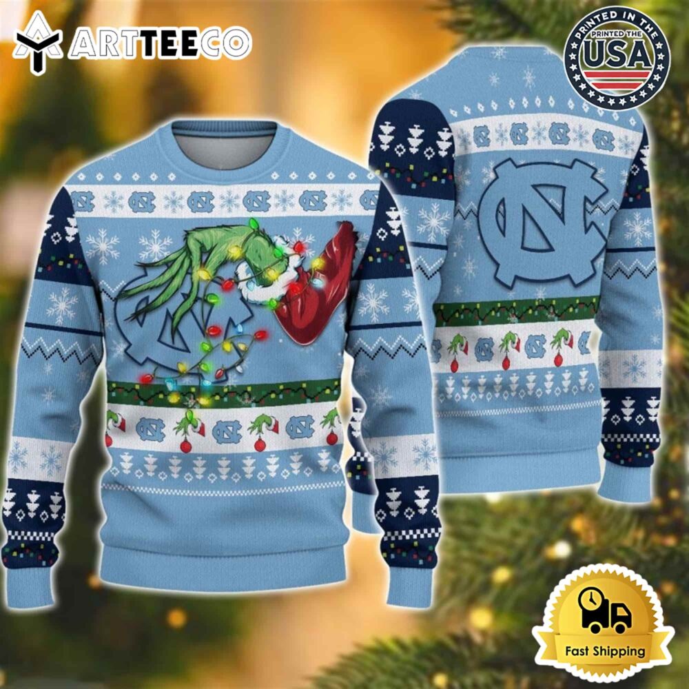 NCAA North Carolina Tar Heels Grinch Hand Ugly Christmas Sweater NCAA Football Gifts