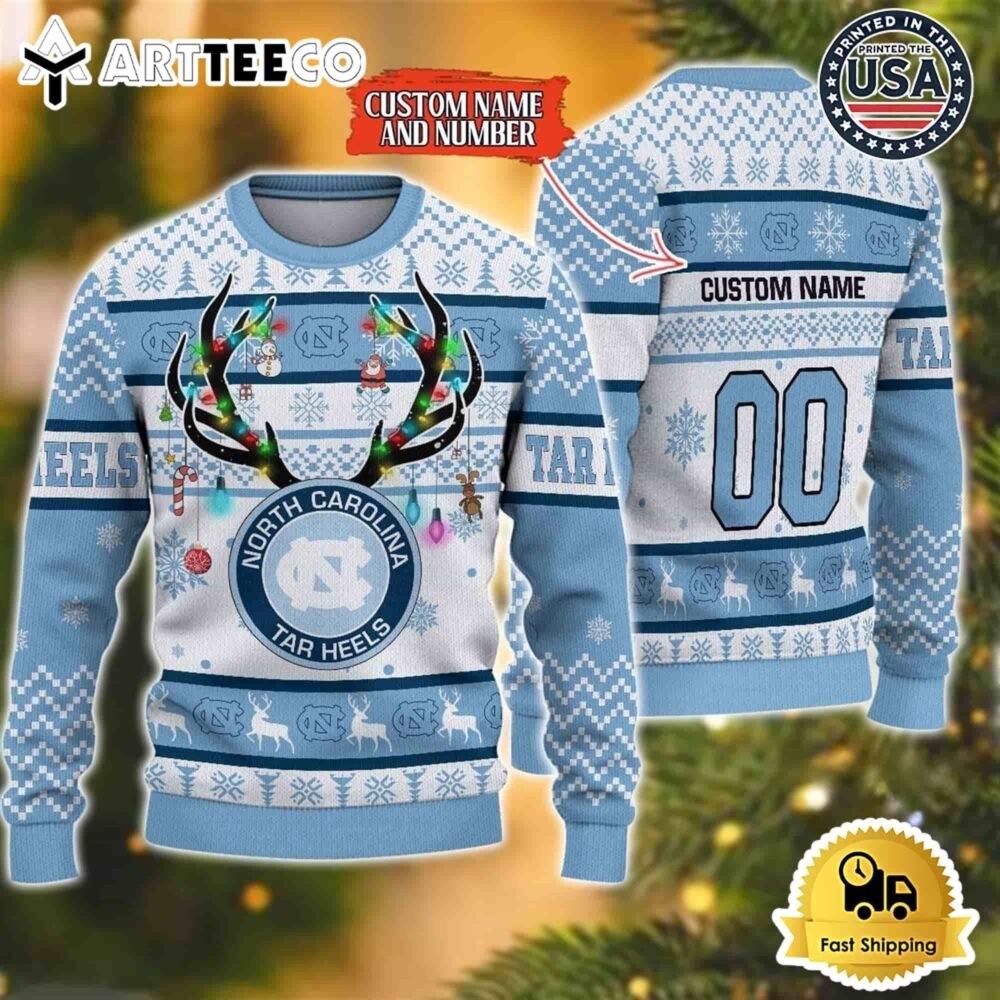 NCAA North Carolina Tar Heels Special Reindeer Light Custom Name And Number Ugly Christmas Sweater