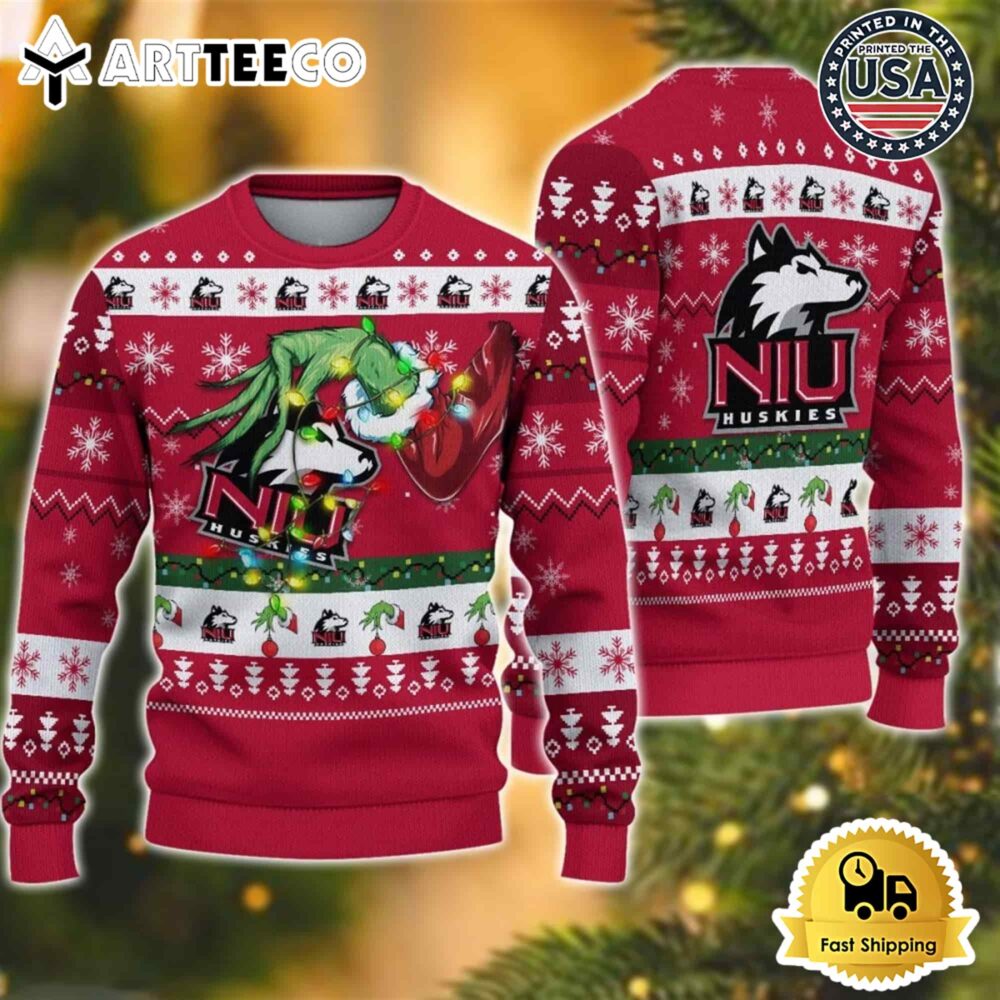 NCAA Northern Illinois Huskies Grinch Hand Ugly Christmas Sweater NCAA Football Gifts