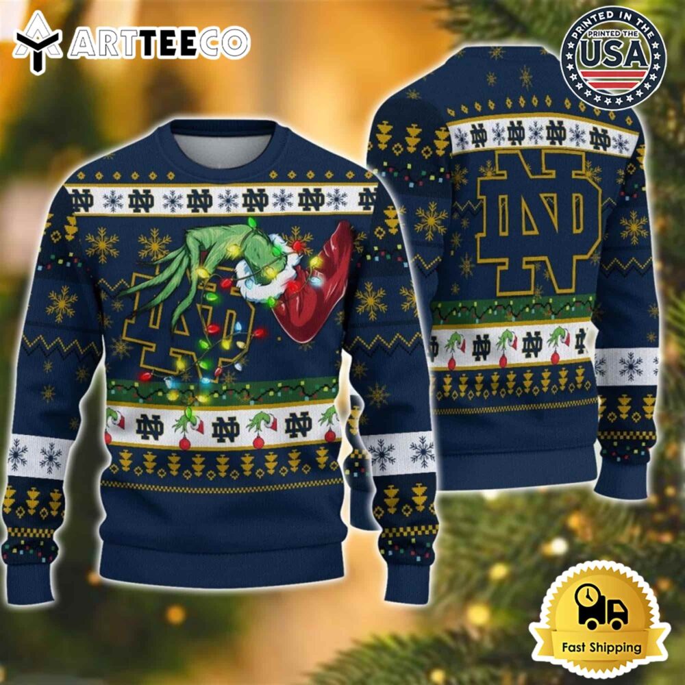 NCAA Notre Dame Fighting Irish Grinch Hand Ugly Christmas Sweater NCAA Football Gifts