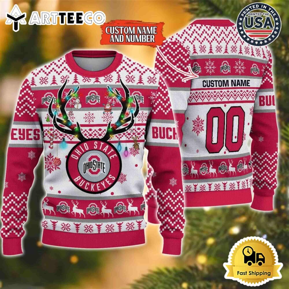 NCAA Ohio State Buckeyes Special Reindeer Light Custom Name And Number Ugly Christmas Sweater