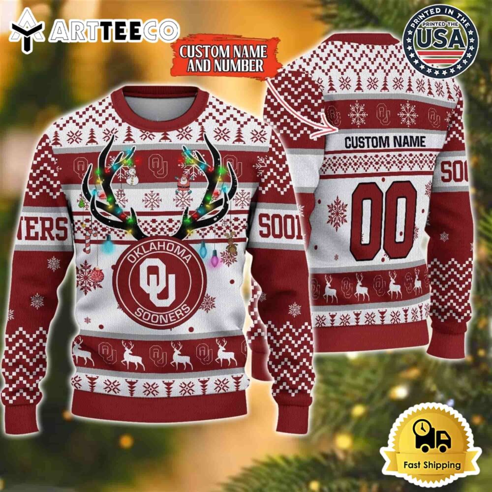 NCAA Oklahoma Sooners Special Reindeer Light Custom Name And Number Ugly Christmas Sweater