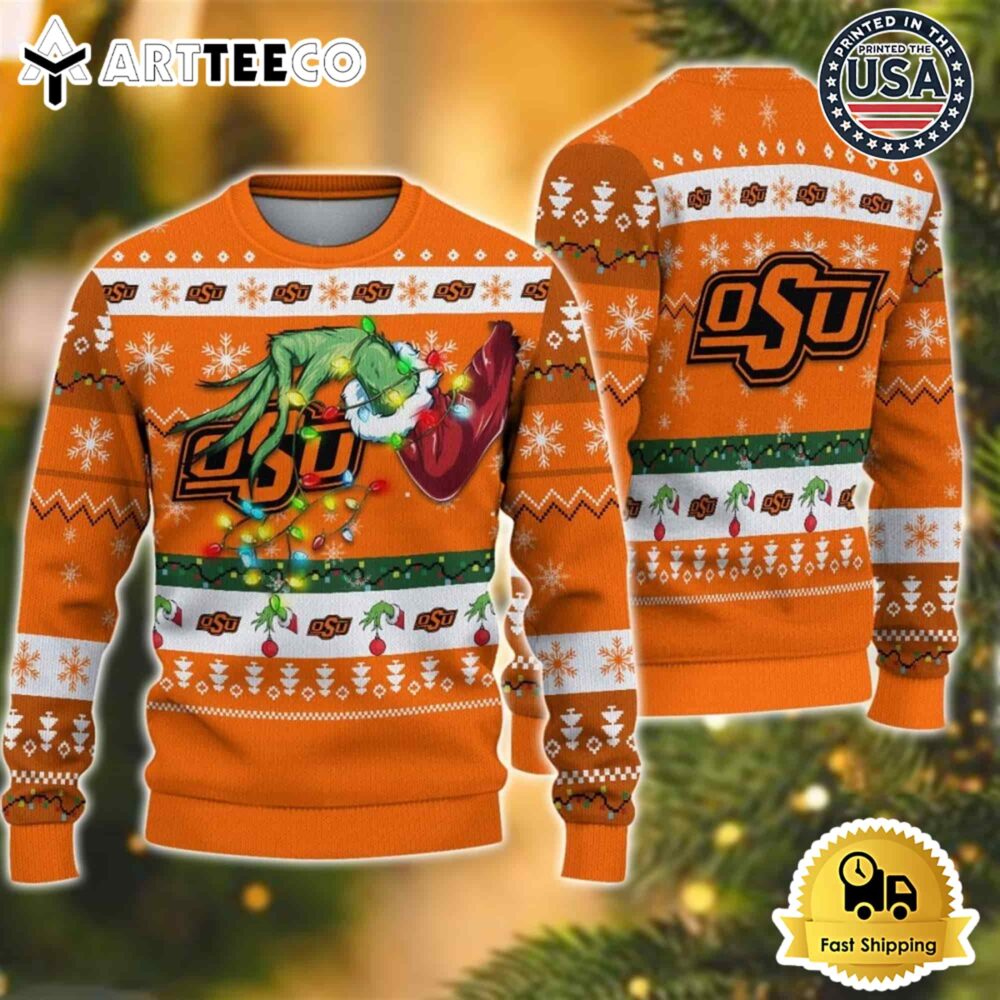 NCAA Oklahoma State Cowboys Grinch Hand Ugly Christmas Sweater NCAA Football Gifts