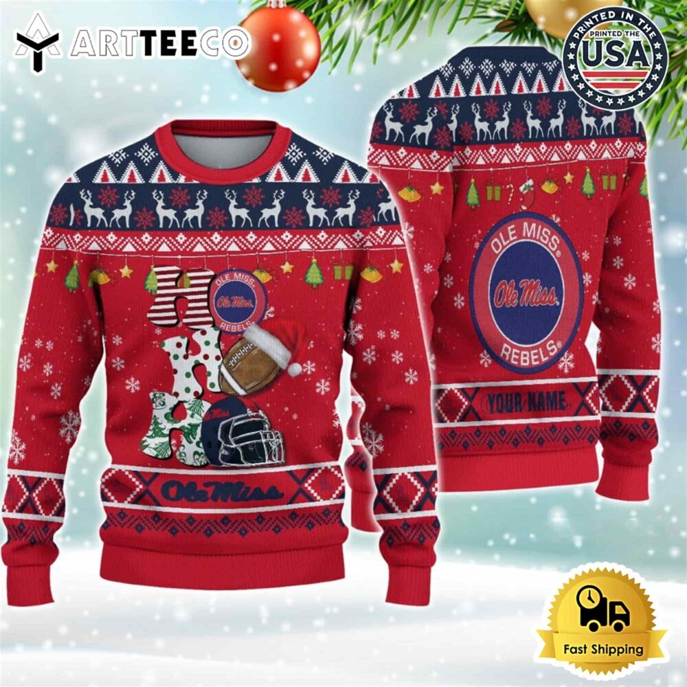 NCAA Ole Miss Rebels Football HO HO HO Custom Name Ugly Christmas Sweater