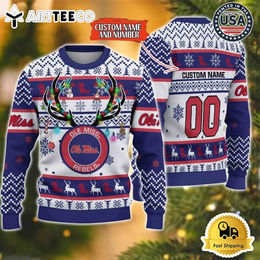 NCAA Ole Miss Rebels Special Reindeer Light Custom Name And Number Ugly Christmas Sweater