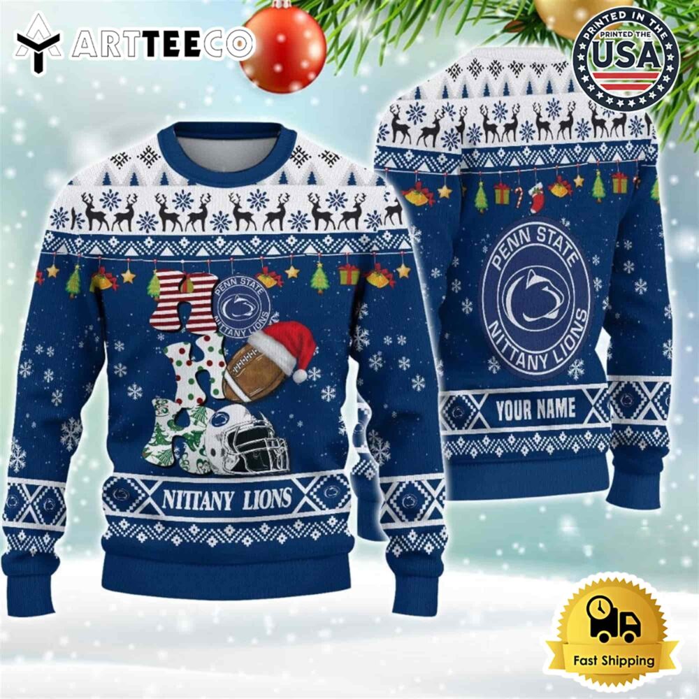 NCAA Penn State Nittany Lions Football HO HO HO Custom Name Ugly Christmas Sweater