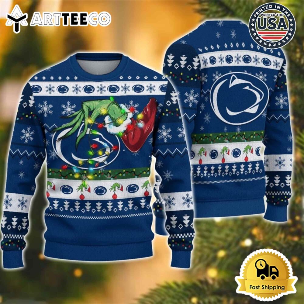 NCAA Penn State Nittany Lions Grinch Hand Ugly Christmas Sweater NCAA Football Gifts