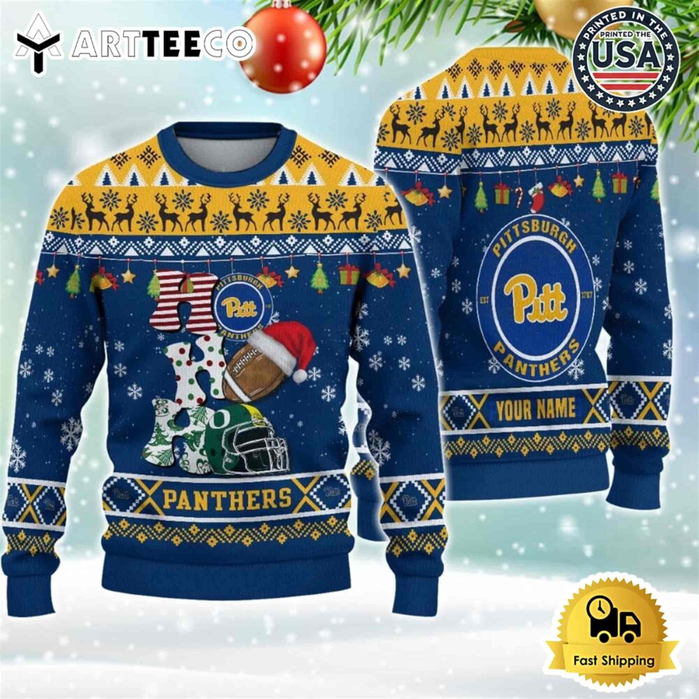 NCAA Pittsburgh Panthers Football HO HO HO Custom Name Ugly Christmas Sweater