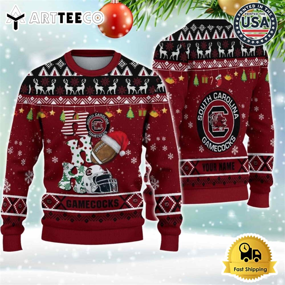 NCAA South Carolina Gamecocks Football HO HO HO Custom Name Ugly Christmas Sweater