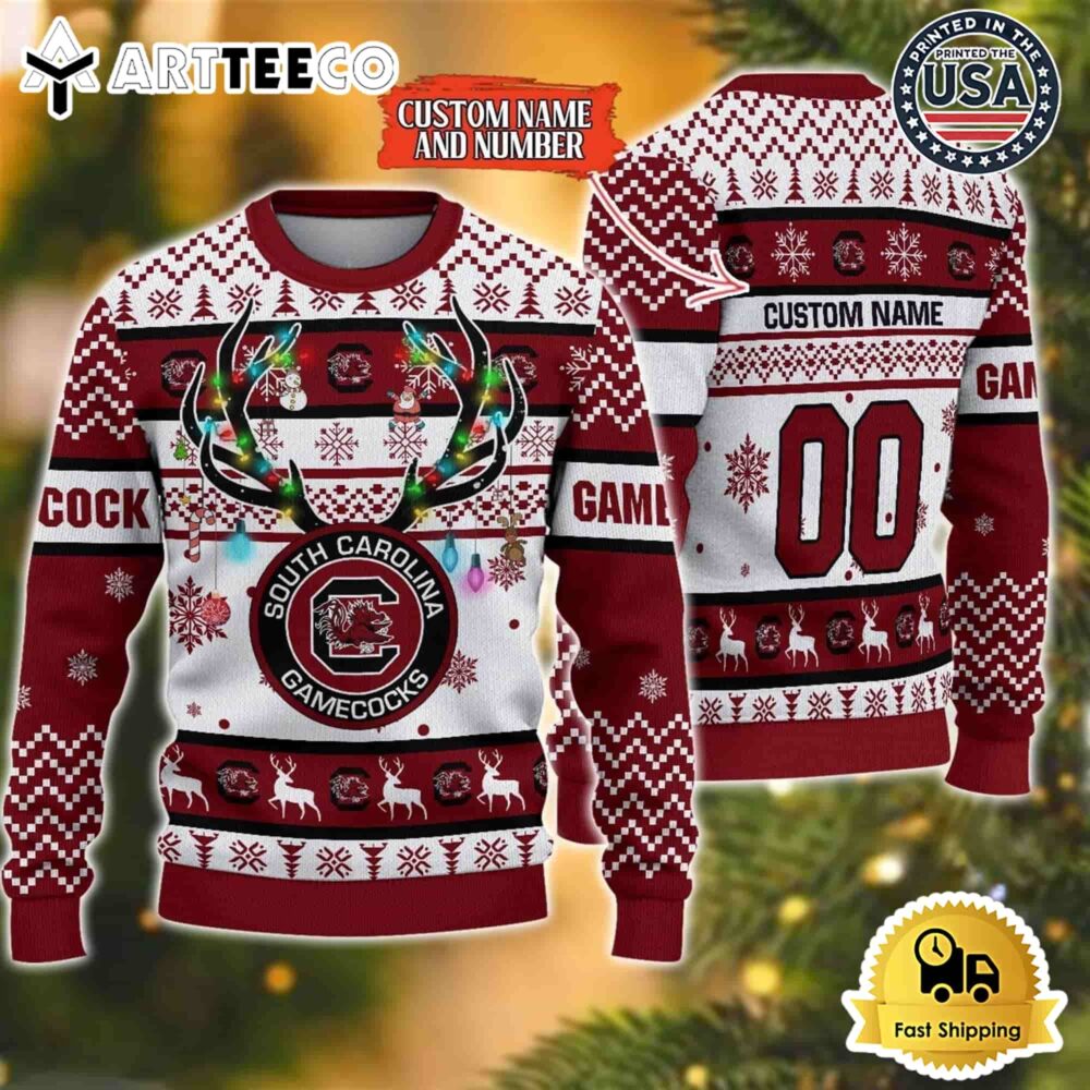 NCAA South Carolina Gamecocks Special Reindeer Light Custom Name And Number Ugly Christmas Sweater