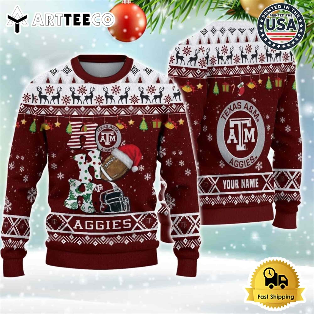 NCAA Texas AampM Aggies Football HO HO HO Custom Name Ugly Christmas Sweater