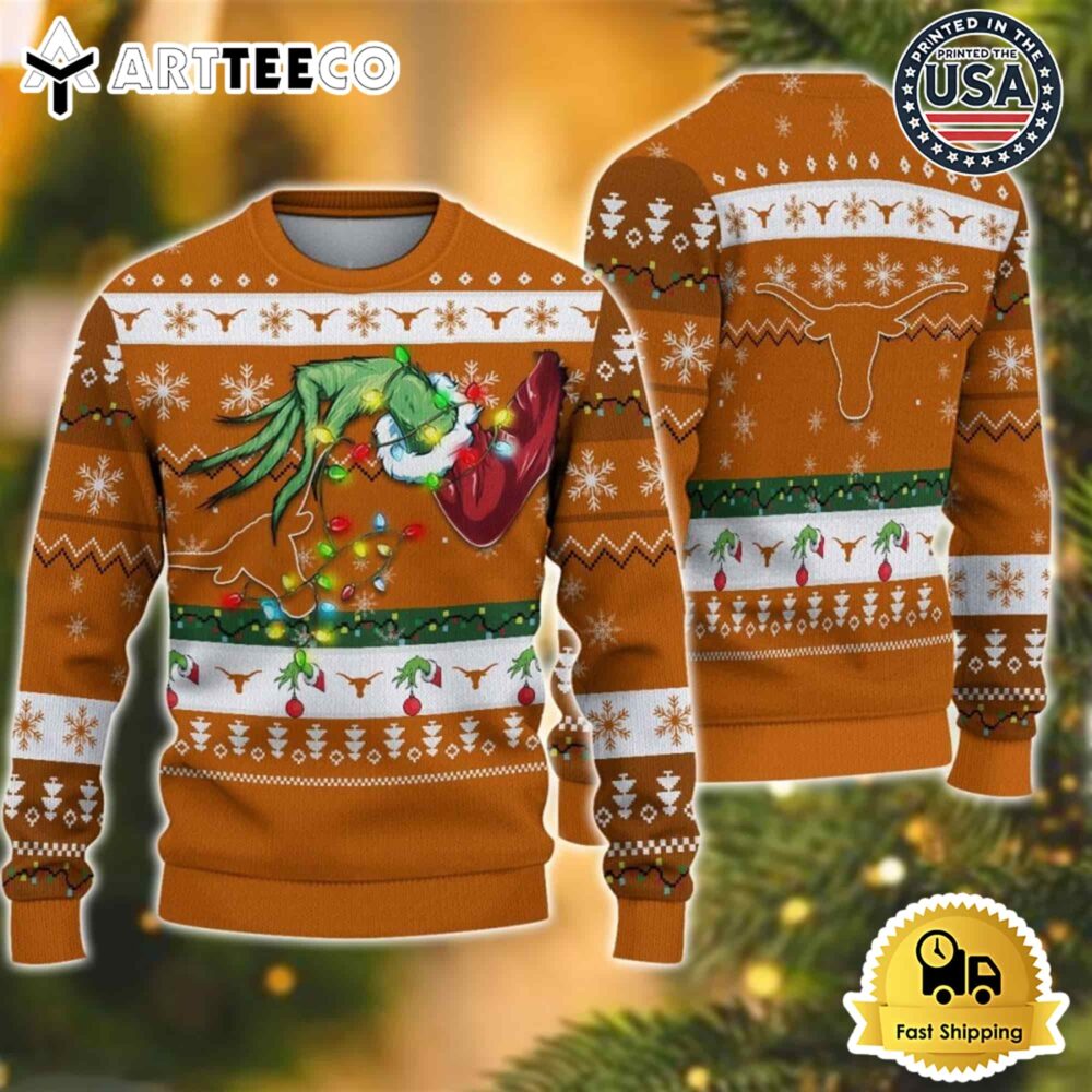 NCAA Texas Longhorns Grinch Hand Ugly Christmas Sweater NCAA Football Gifts